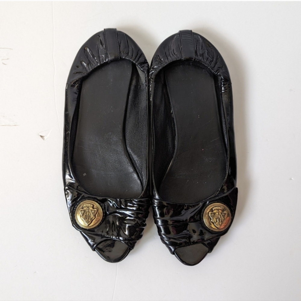 Gucci Vintage Black Flats with Gold Accents